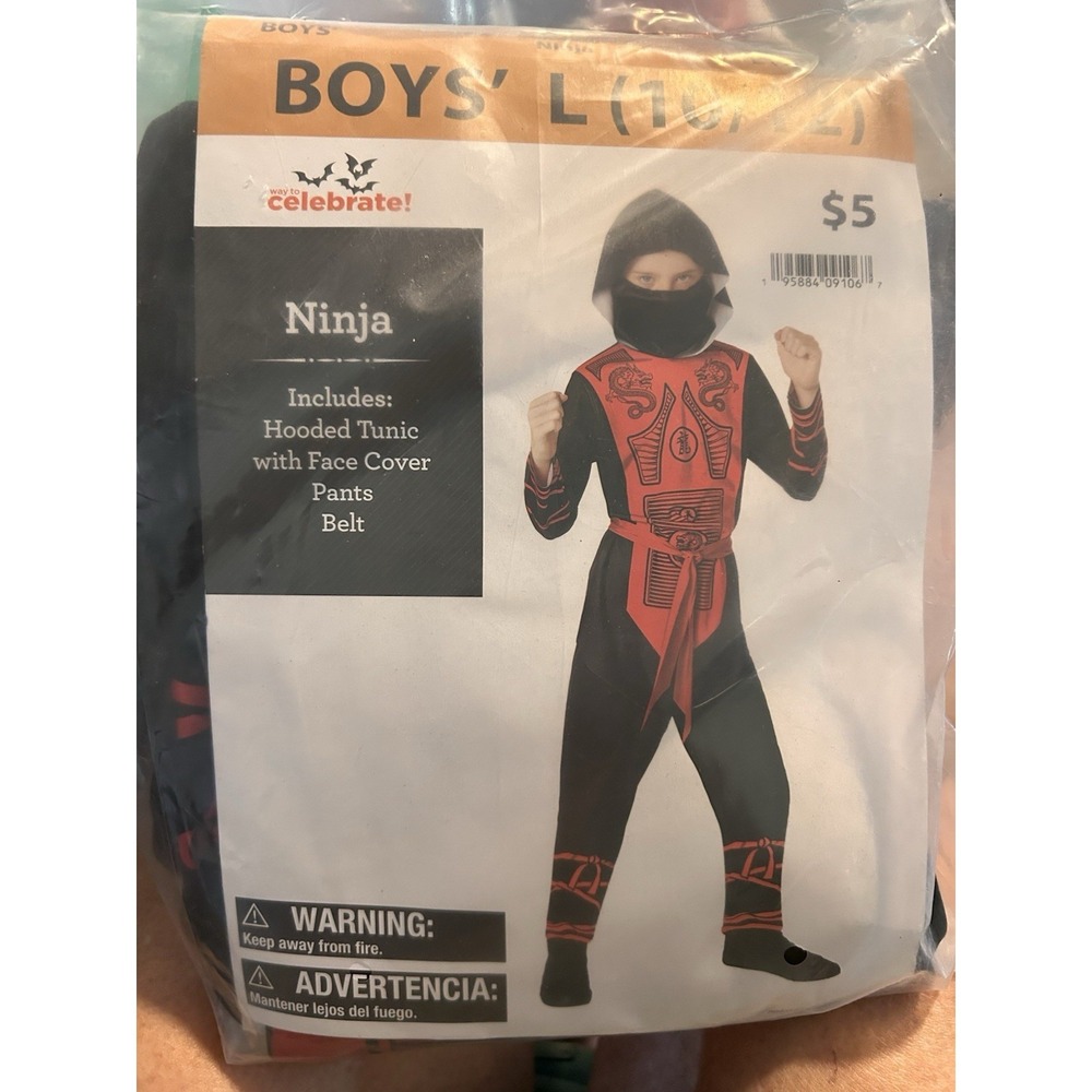 Ninja Halloween Costume‎ Size Y (10-12) Hooded Tunic W/ Face Cover, Pants &belt